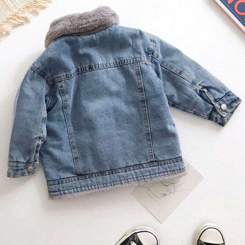 Girls Faux Fur Denim Jacket Plush Denim Shirt Toddler Boys Winter Short Coat Kids Jackets for Girls Long Sleeve Single Breasted