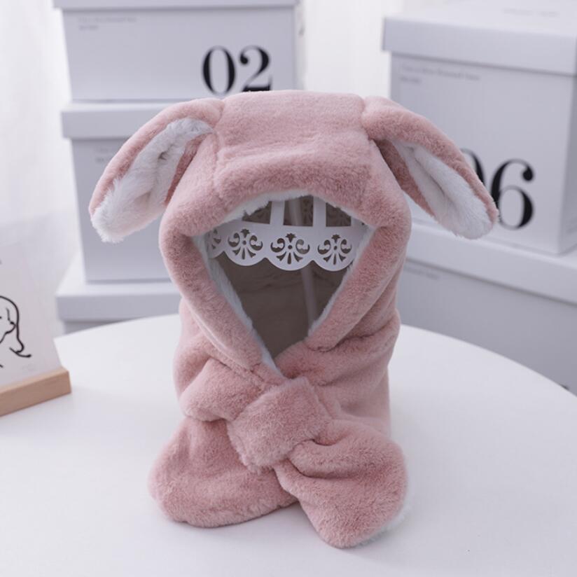 Flickor långa öron mössa mössa set barn vinter varma öronskydd keps och halsdukar barn utanför mjuk plysch hatt 3-8t rosa beige: Rosa