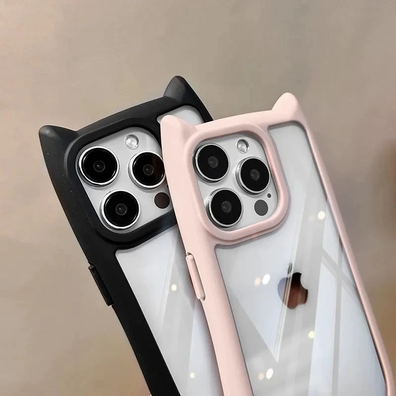 Weiche Silikon-Handyhülle mit niedlichen Katzenohren für iPhone 15, 14, 13, 12, 11, Profi Max, transparent, stoßfest, harte Acryl-Stoßstangen-Rückseite