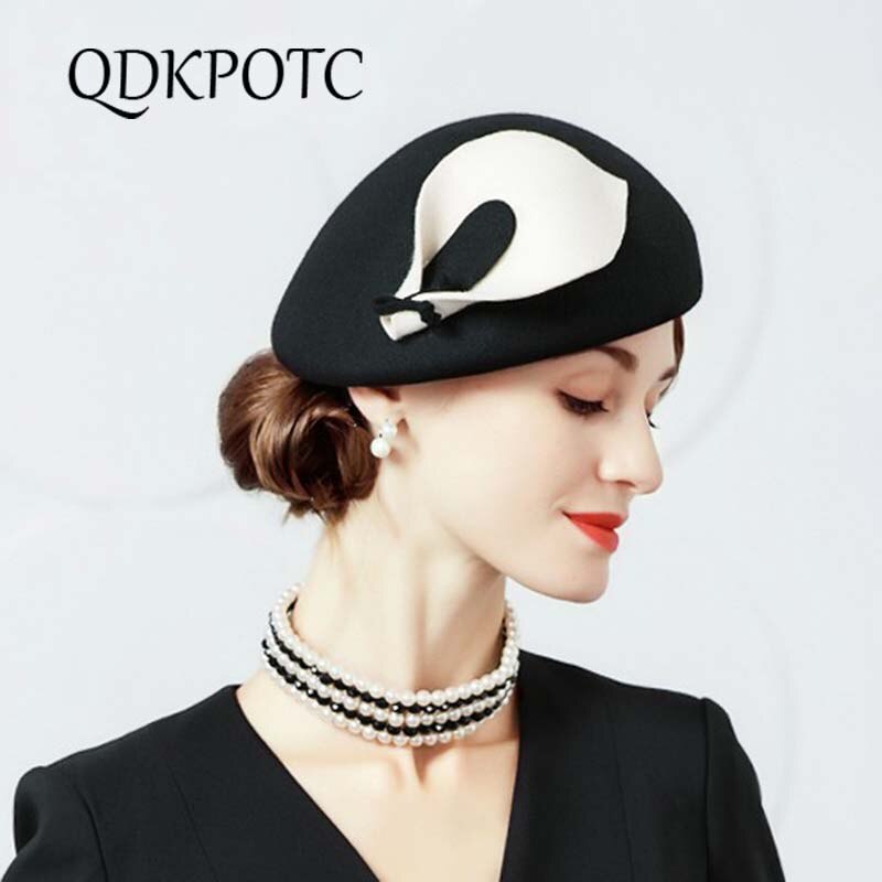 QDKPOTC nueva Flor de lirio fieltro boina Noble mujeres tocado Fedora sombrero cena boda sombreros