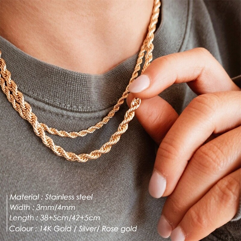 Jujie 3Mm/4Mm Rvs Rope Chain Kettingen Voor Vrouwen Mode 14K Goud Twisted Ketting Sieraden