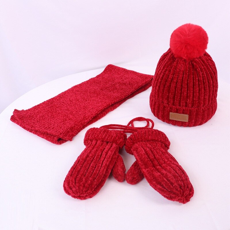 Barnelue skjerfhansker tredelt dress for menn og kvinner baby vinter tykk varm chenille ull lue: 1