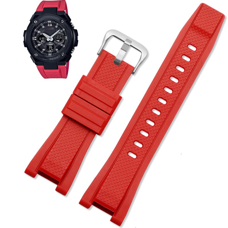 Gummi klokkerem for c-asio g-shock gst -210/w300/400g/b100 vanntett silikon stropper tilbehør 26*14mm: Rød-sølvlås