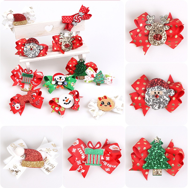 OPPOHERE Cute girl Christmas Bows Hair Clips style Glitter Elk Santa red Colors Hairpin For Kids Festival