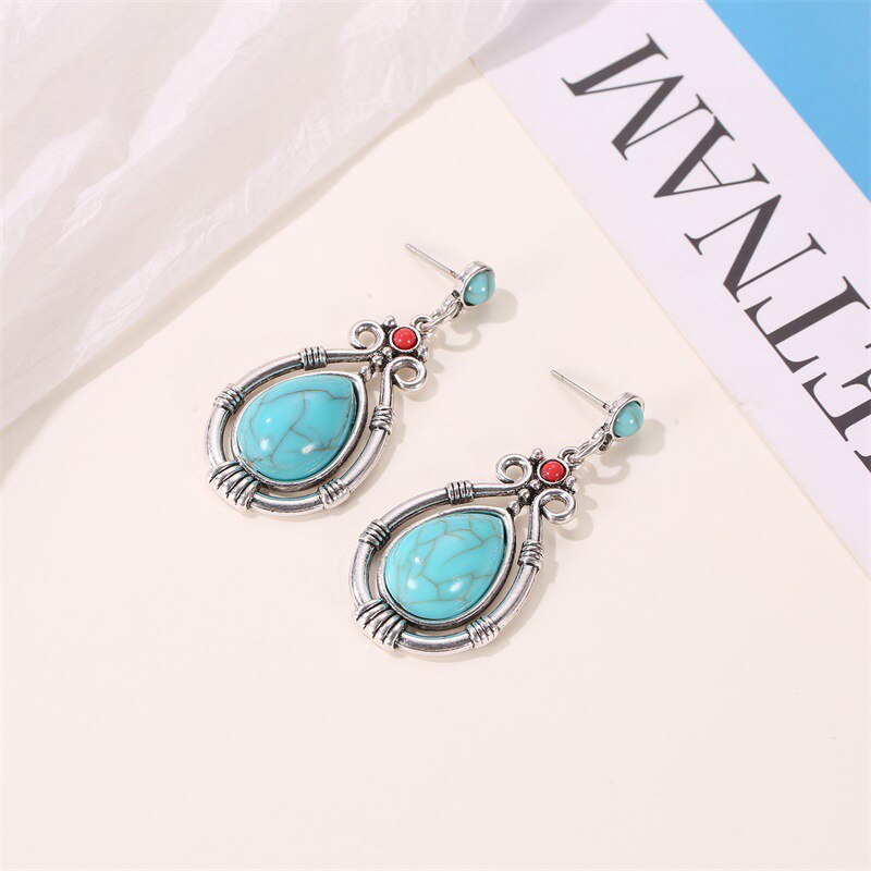 Modyle Vintage Tibetischen Silber Natürliche Türkisen Verkrustete Ohrring Blau Stein Wasser Tropfen Baumeln Ohrringe für Frauen Boho