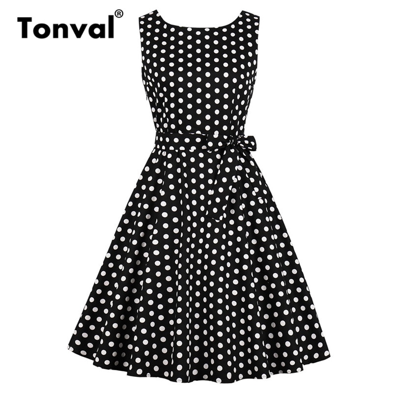 Tonval czerwony Rockabilly V-z powrotem Polka Dot Retro sukienka w stylu Vintage kobiety lato bez rękawów z paskiem bawełniane biuro linia sukienki