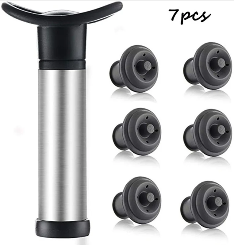 Conjunto de economia de vinho a vácuo, preservador de bomba com 4 rolhas de vinho a vácuo para vinho branco/cerveja, aço inoxidável, mantém o vinho fresco: Preto