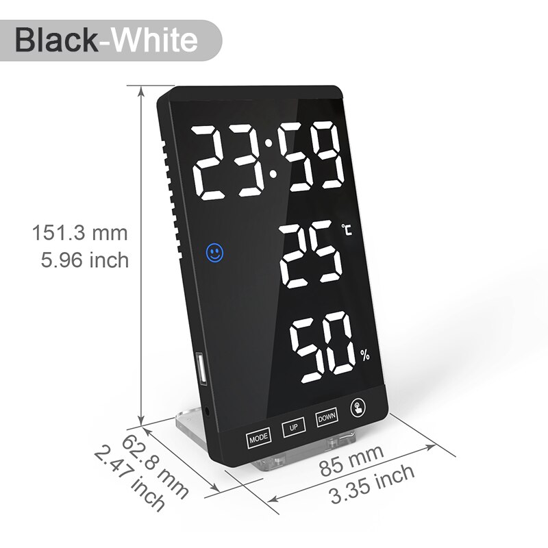 Reloj despertador Digital, estación meteorológica con termómetro, higrómetro de humedad, pantalla de espejo para mesita de noche: Black-White