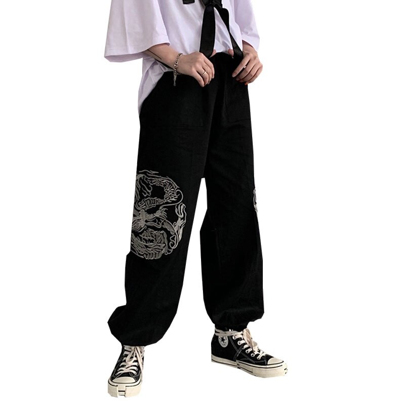 Pantalon sarouel pour femme, Streetwear japonais, Hippie, broderie Dragon, noir, chinois traditionnel, , 10082: M