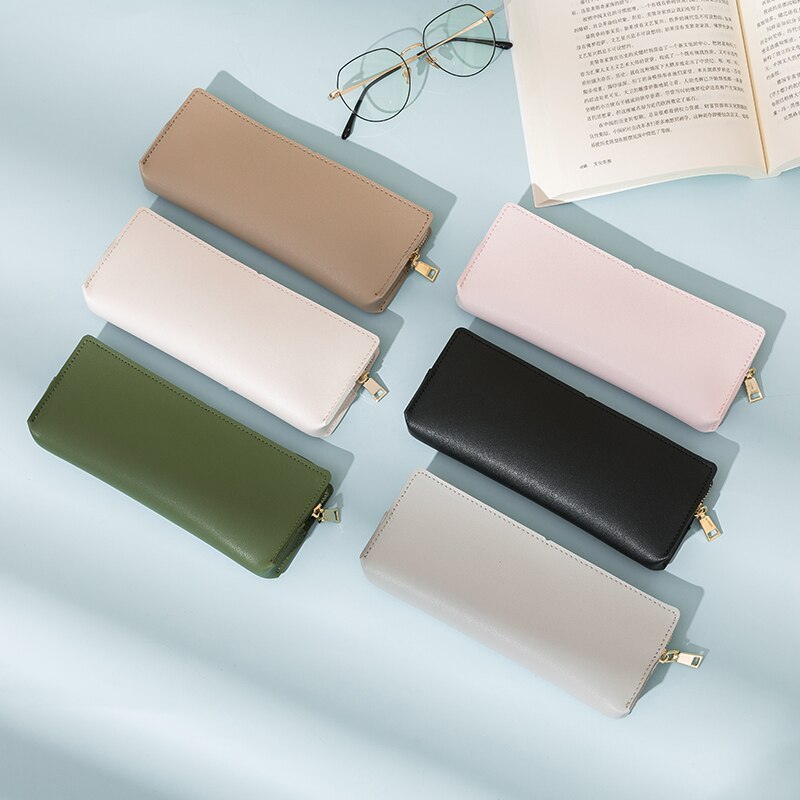 Leren driehoekige etui voor mannelijke en vrouwelijke studenten, grote capaciteit, eenvoudige textuur, goede, duurzame etui