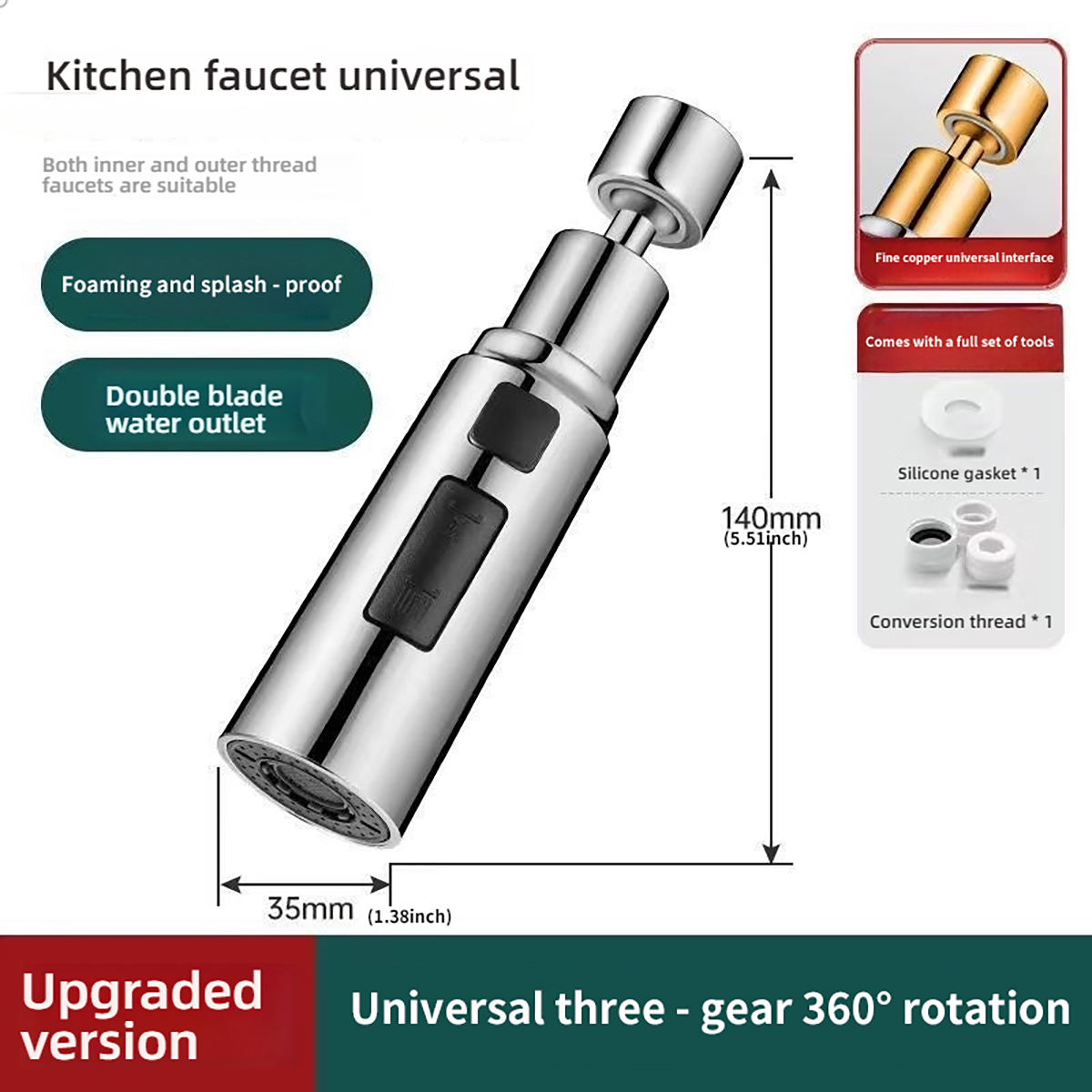 Pulvérisateur universel pour robinet de cuisine, 3 modes de débit d'eau, bulles et lames 720 ° Connecteur G1/2 universel pivotant pour eau chaude et froide: WHITE