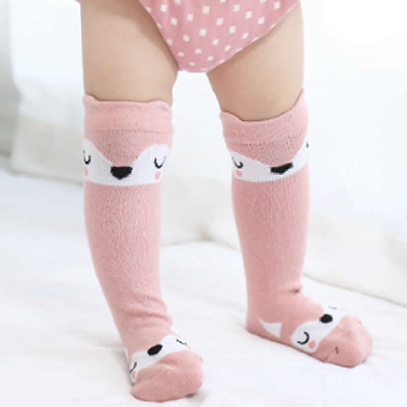 Baby cartoon kindersokken stereo oordopjes antislip vloersokken kniehoge meisjes beenwarmers kniehoge panty: Roze vos / 0 to 2 jaar