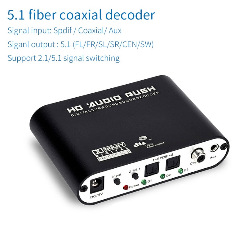 Décodeur audio coaxial à fiber optique numérique unisien 5.1/2.1, 24bit192khz SPDIF DTS Dolby AC-3 DAC pour amplificateur stéréo 5.1 canaux