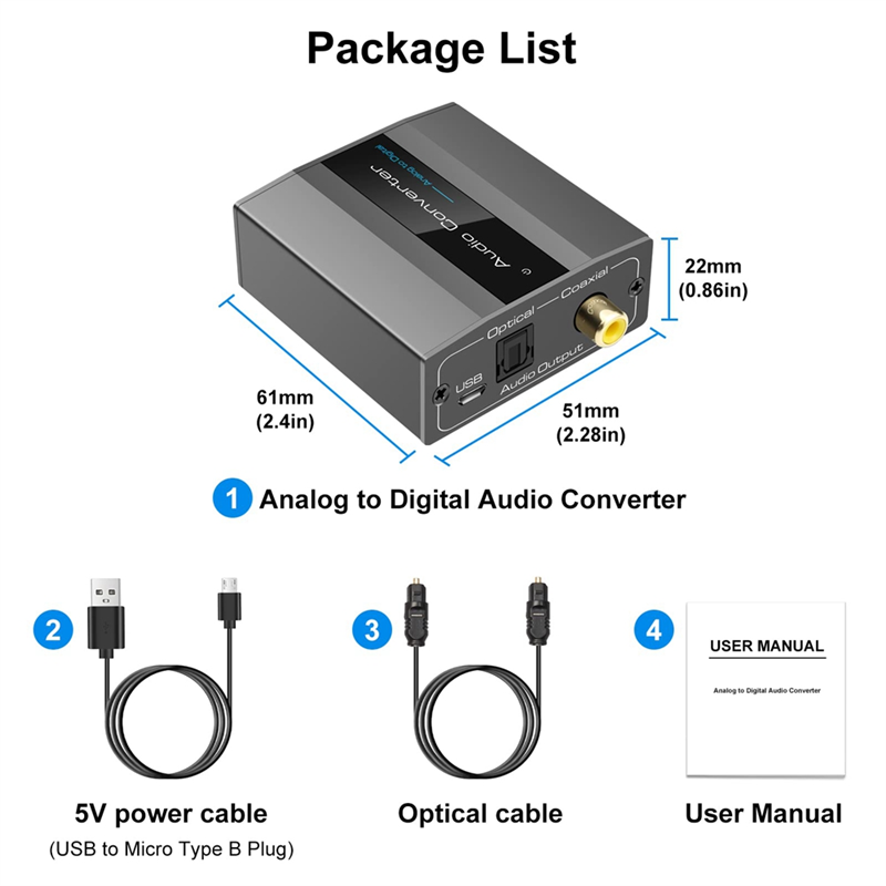 Analog-Digital-Audio-Wandler RCA zu Optisch mit optischem Kabel Audio Digital Toslink und Koaxial-Audio-Adapter