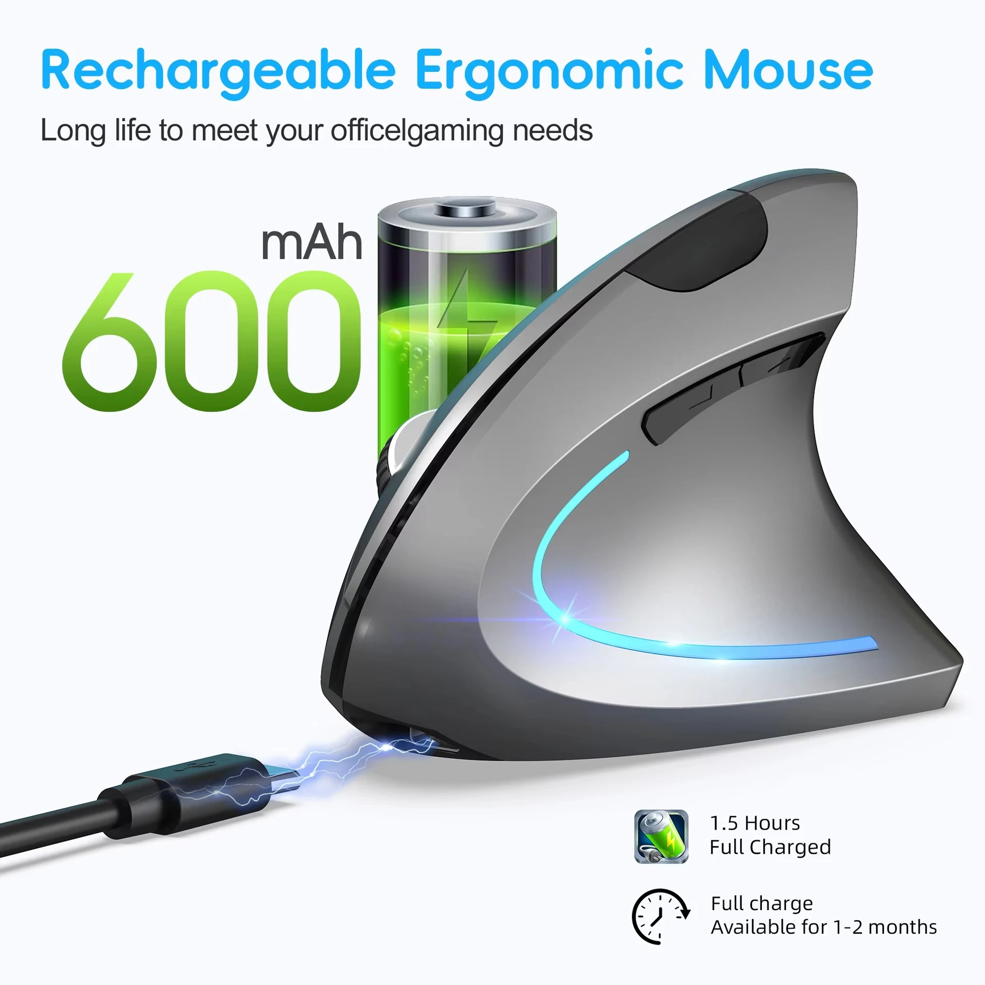 Novo 2.4g sem fio vertical ergonômico mouse para jogos sem fio recarregável gamer mause kit mouse óptico computador portátil desktop