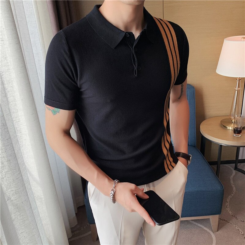 British Style Summer New Striped Polos Shirt Men Stretch Slim FitKnit Tees Streetwear 2022 Short Sleeved Business Casual T-Shirt