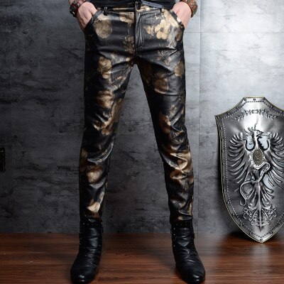 Pantalon en similicuir homme, imprimé floral, bonne pour motard, Skinny 28-36, fermeture éclair, style décontracté: Black / 31
