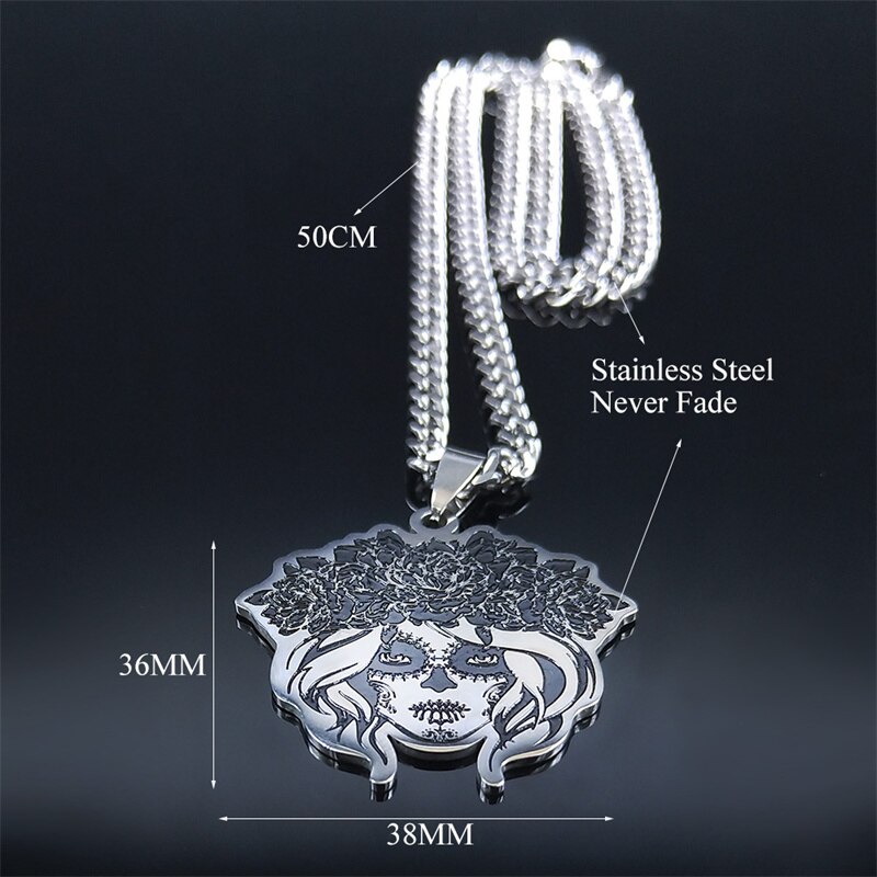 Gothic-halskette aus edelstahl mit mexikanischem totenkopfmotiv für damen, silberfarbene kette, schmuck colgante  n3636 s 06