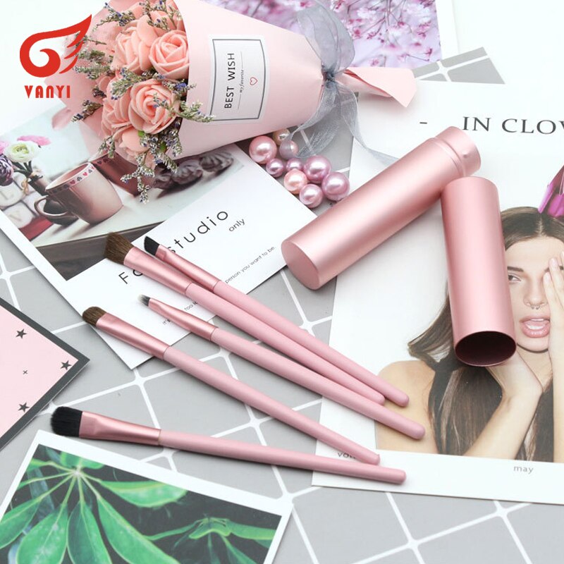 5pcs Travel Portable Mini Eye Makeup Brushes Set Smudge Eyebrow Eyeshadow Eyeliner Brush Lip Make Up Brush kit: Pink