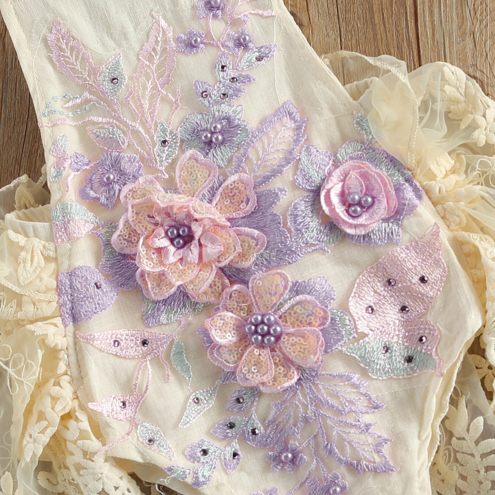 0-24m Baby-mädchen-jungen-strampler, einteilig, mit blumenmuster, spitze, perlenprint, ärmellos, rüschen