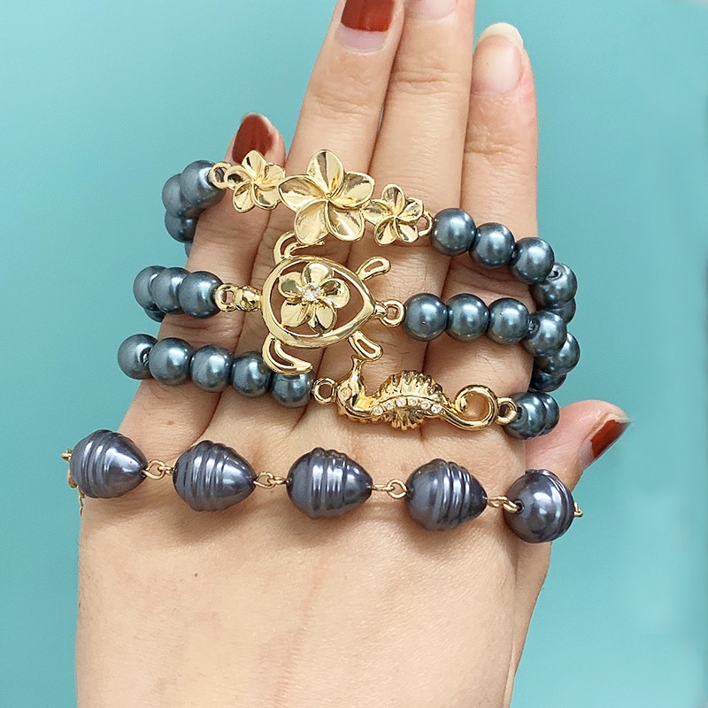 KOMI Adult/Kid Size Polynesian Hawaiian Samoa Marshall Jewelry Imitation Pearls Flower Turtle Seahorse Men Woman Bracelet Bangle