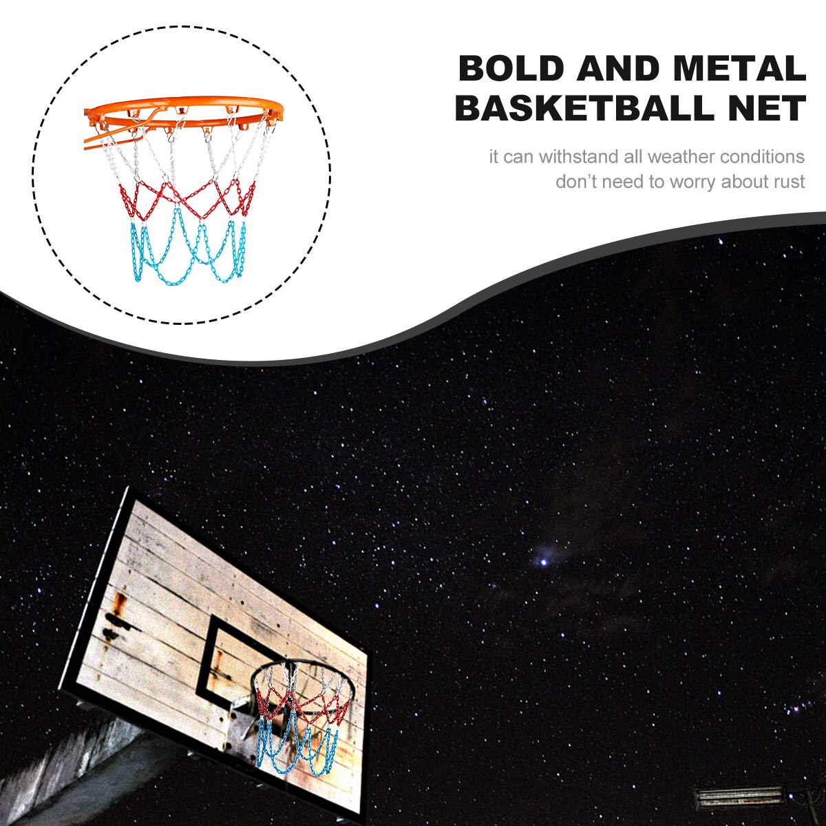 Robustes und langlebiges basketballnetz aus 3- farbig verzinktem manganstahl mit 12 schnallen