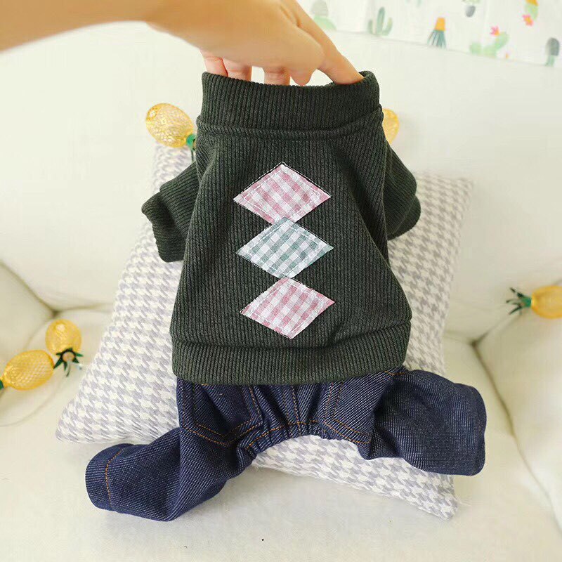 Plaid strikning pet denim jumpsuit vinter varm hund overalls til små dyr shih tzu maltesisk tøj hvalpe tøj pyjamas mops: Mørkegrøn / S