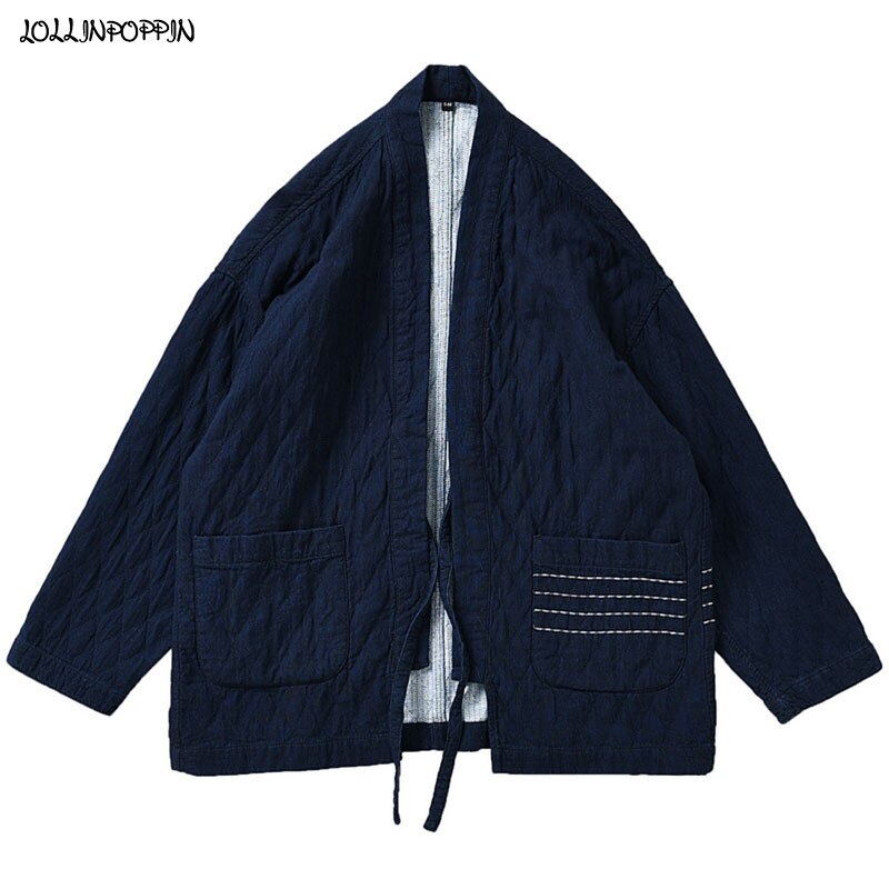 Men Navy Blue Thick Knitted Denim Kimono Jacket Japan Style Spring Autumn Open Placket Male Haori Loose Coat