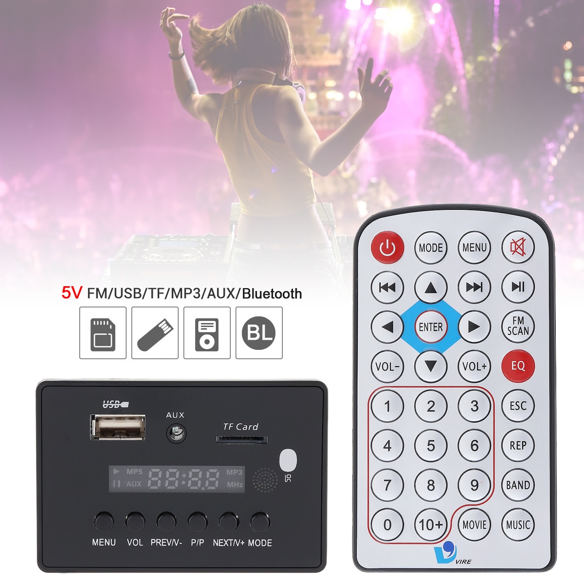 Vtf -0025bt 5v svart dts tapsfri bluetooth videospiller dekoder  mp3 spiller modul støtter usb tf aux fm radio til  mp3/mp4/mp5