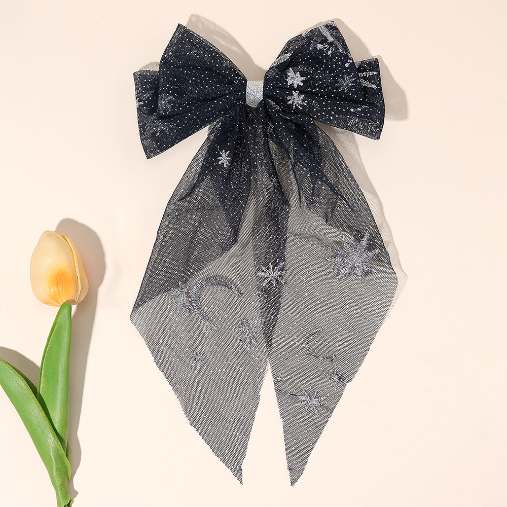 Presilha de cabelo com laço de tule para mulheres, noite estrelada sonhadora, serpentinas longas, estampa de lua, presilhas para festa de meninas, acessórios diários