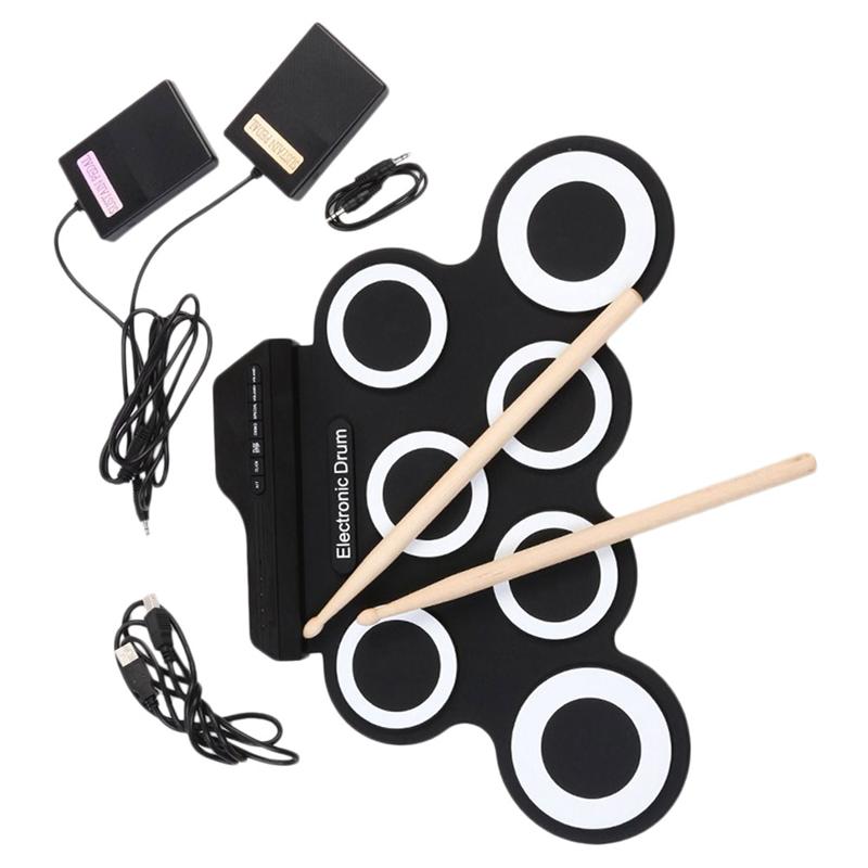 1 Set of USB Charging Electric Drum Hand Roll Up Drum Set Portable Drum Kit Practice Drum Black