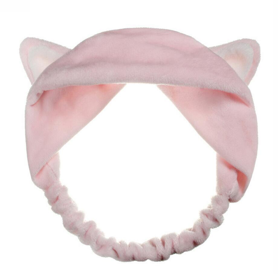 Härlig mjuk carol fleece katt öron smink kosmetisk dusch elastiskt hårband spa pannband tvätta ansikte hårspets pannband  hb011: Rosa