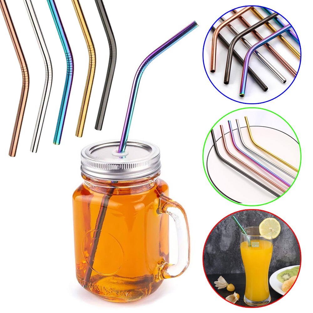 2Pcs Rvs Straw Multicolor Herbruikbare Rietjes Milieuvriendelijk Gebogen Stro Drinken Metalen Rietjes Willekeurige Kleur