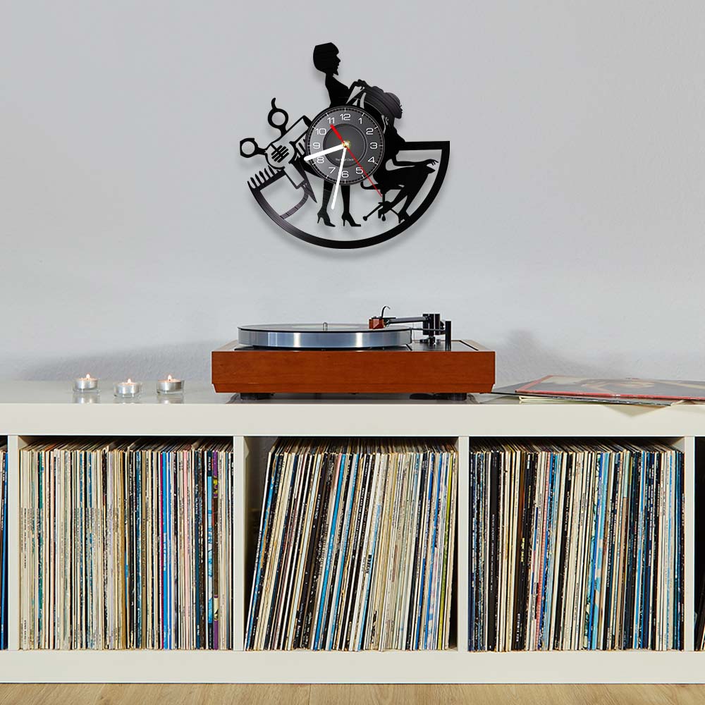 Beauty Salon Wall Clock Made Of Real Vinyl Record Hairdressing Tools Lady Haircut Center LED Wall Watch For Hair Salon Company