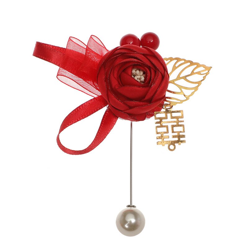Rode Thema Satijn Lint Handgemaakte Bloem Broche Pin Bruiloft Gunst Aritificial Pearl Bead Broche Bruiloft Accessoires