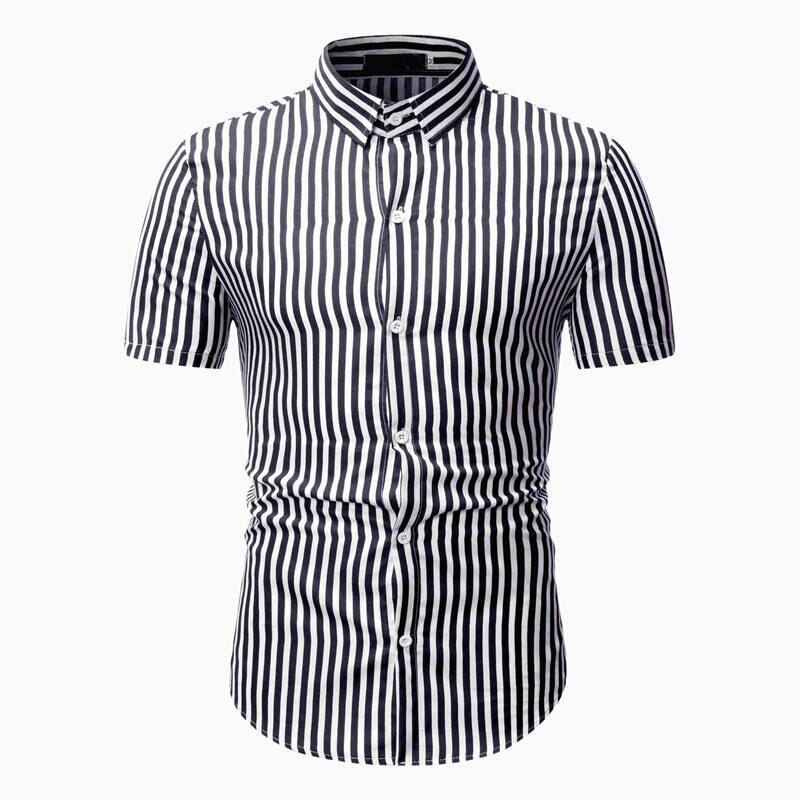 Blå hvide lodrette striber herreskjorter korte ærmer casual slim fit skjorte sommer toppe herre chemise homme: Sort / M