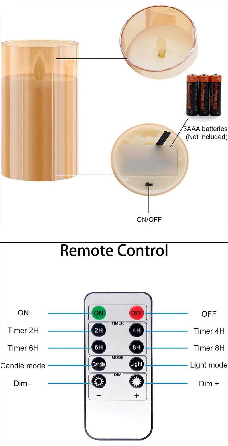 Battery operated Flameless Led Glass Candle Flickering Remote control w/Timer Moving Swing wick Home Bar Party Decoration-Amber