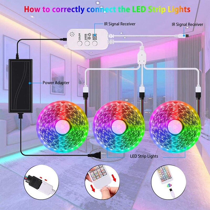 15M RGB LED Light LEDs Music Sync Color Changing SMD 5050 RGB Light Strips with APP/Silicone Key Controls US PLUG