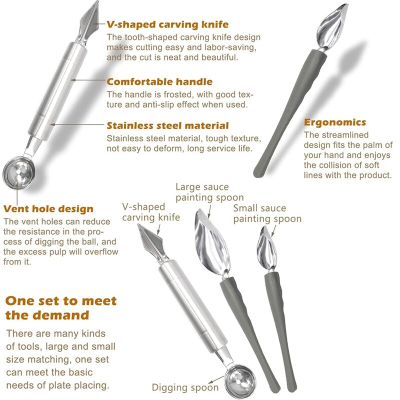 3 Pcs Drawing Decorating Spoon Ball Cutter,Chocolate Spoon Fruit Tool,for DIY Fruit Muffin Dessert Cake Coffee Decor