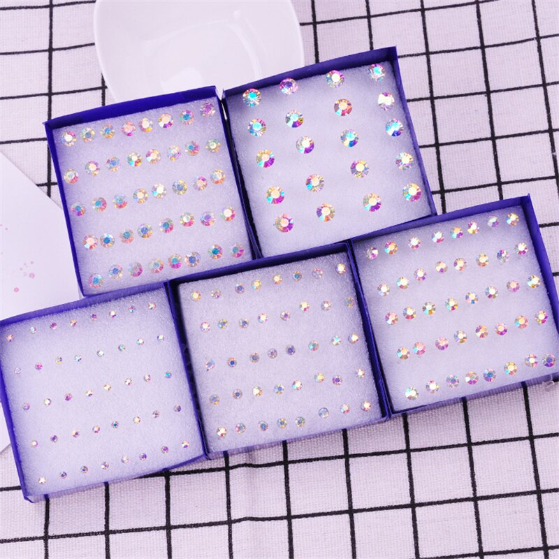 2/3/4/5/6mm orecchini di cristallo multicolore Set per le donne gioielli da festa strass piccoli orecchini di plastica kit Piercing brincos