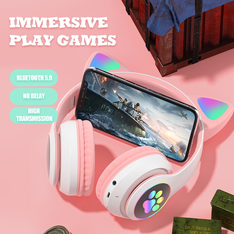 Wireless Headphones for Kids & Adults - RGB Cat Ear Bluetooth 5.0 with Mic, Noise Cancelling, TF Card Support