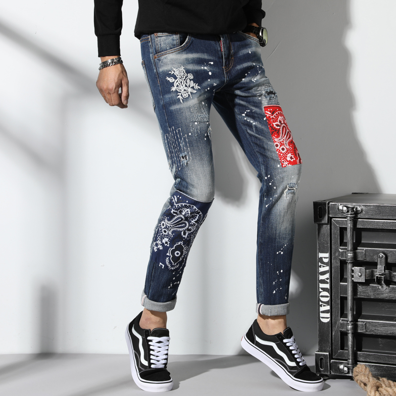 Menn jeans slank passe lappeteppe denim rippet glidelås syklist mager hull broderi lapp stilig