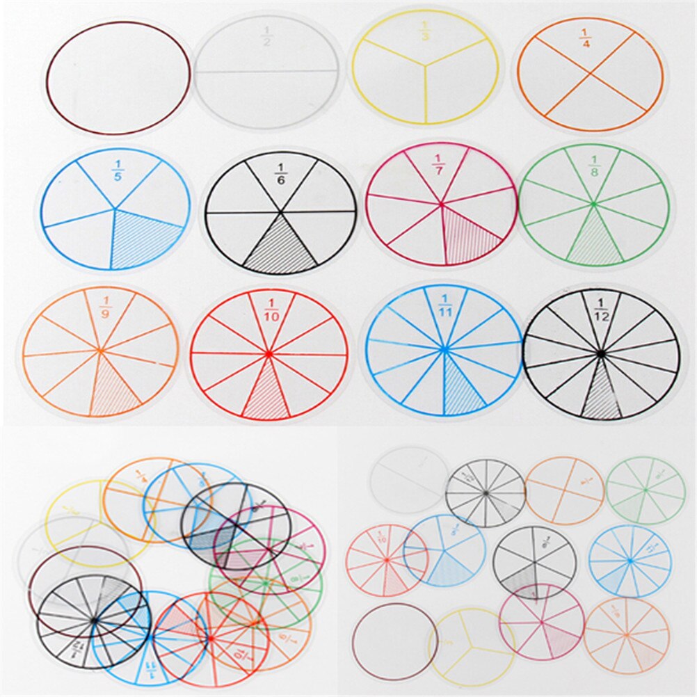 12pcs/lot Math Fractions Circles Toy Plastic Numbered Fractions Circles Math Chips Mathematics Number Toy Dia. 8cm