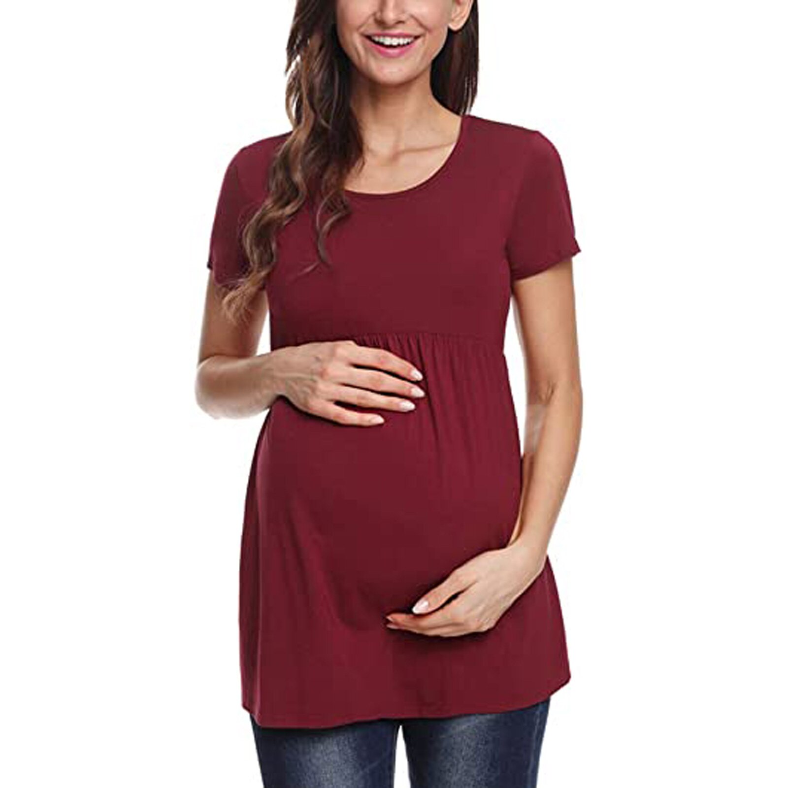 Camiseta de manga corta de maternidad para mujer, Tops de poliéster con cuello redondo de Color sólido, ropa de embarazo, ropa de embarazada de verano