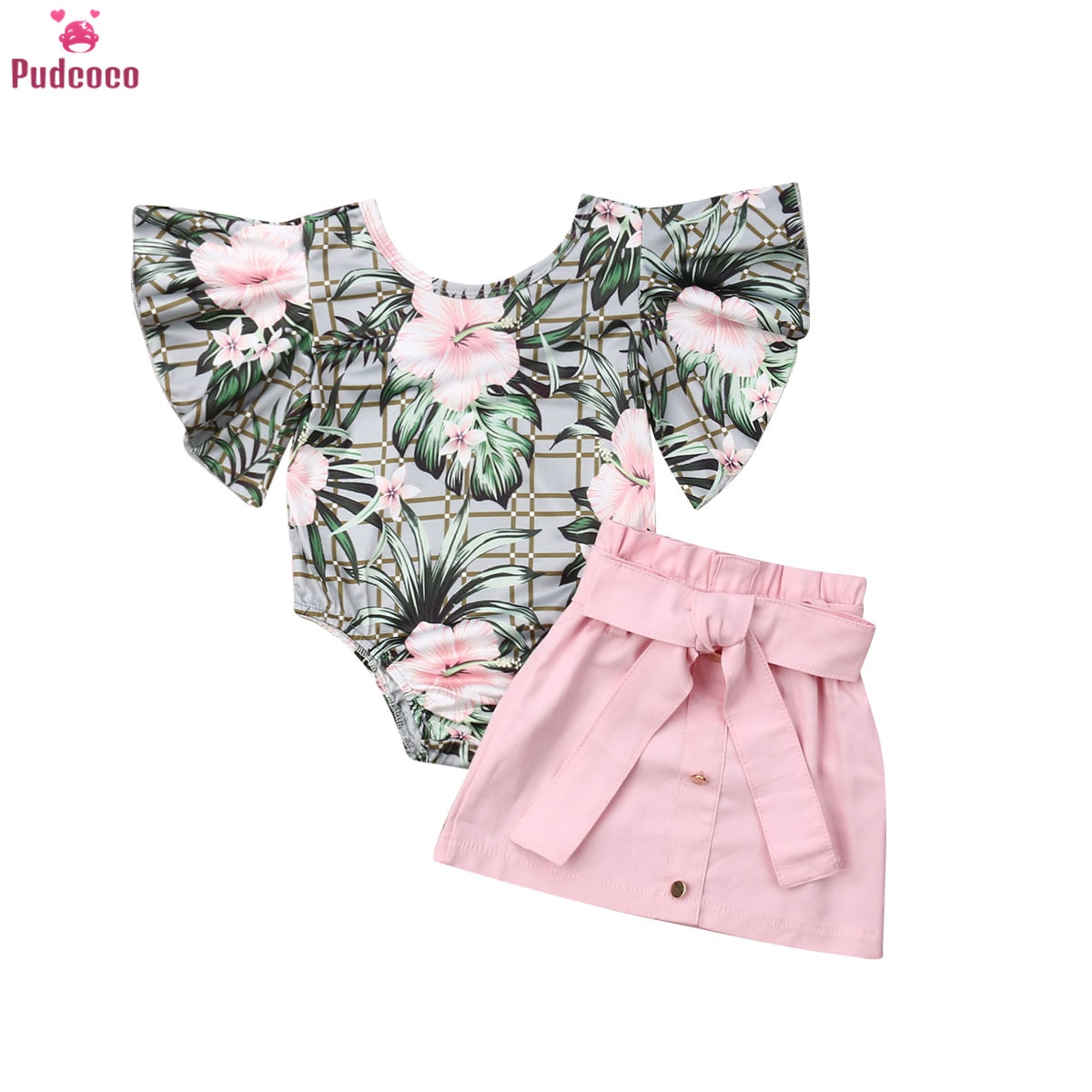 1-4 y babykledingsets voor meisjes met bloemenprint, rompertjes met korte mouwen, topjes + roze minirokken, zomeroutfits
