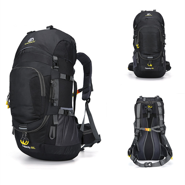 Mochila de 60 litros para deportes al aire libre, mochila de Camping, viaje, montañismo, senderismo, impermeable, cubierta de lluvia: BLACK