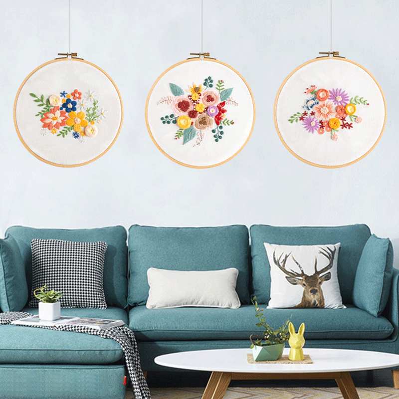 DIY Embroidery Set with Floss Hoop Needles Cloth Flowers Pattern Hand Embroidery Kit for Beginners Craft Sewing Needlework Tool