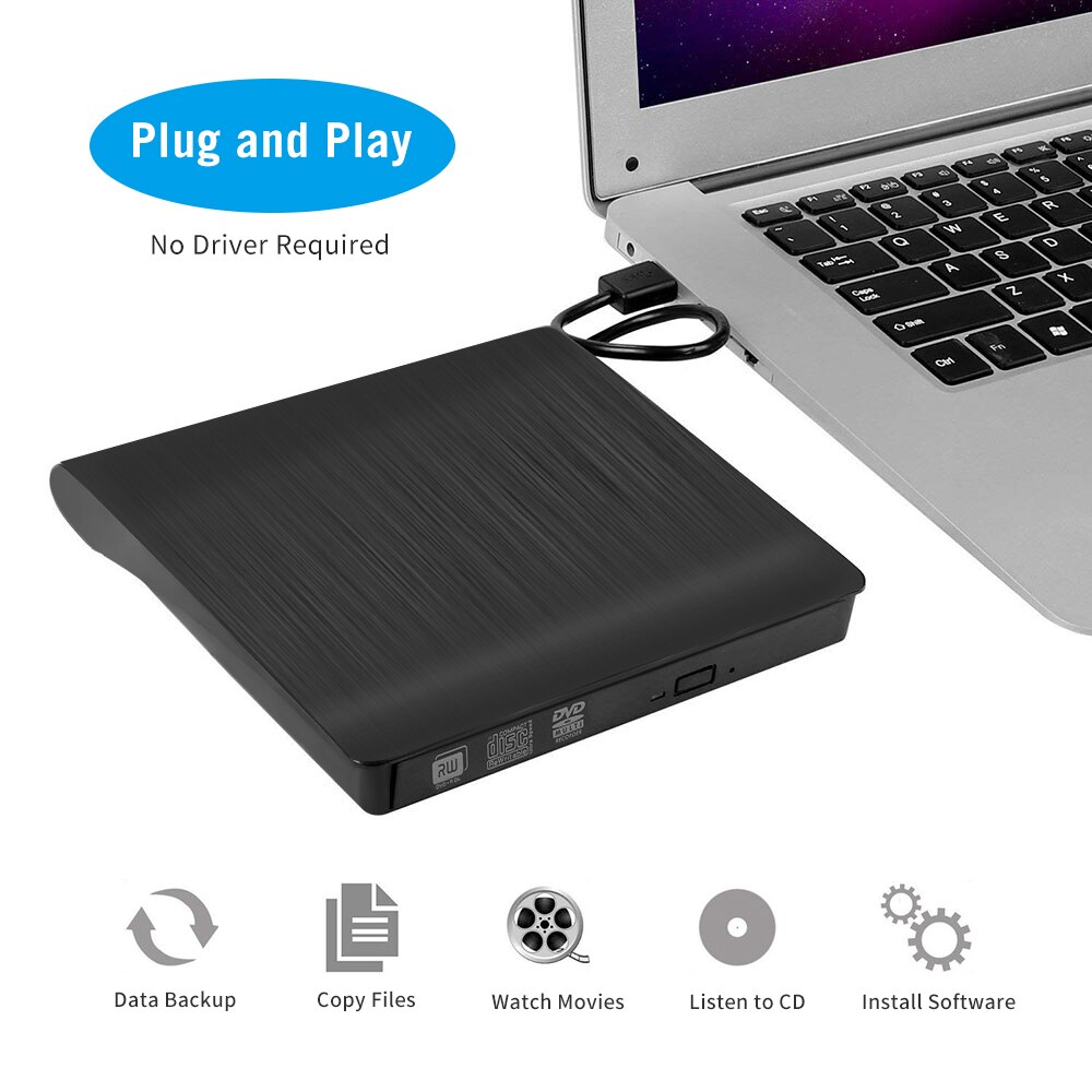 Unidad portátil externa DVD-RW USB para Windows, Linux y Mac, lector de DVD externo ODD, 1,5 CM, Plug & Play