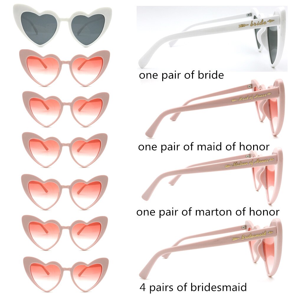 Gafas de sol con forma de corazón para dama de honor, lentes de sol Retro Para Boda, de despedida de soltera, , 7 par/lote: Pink-2