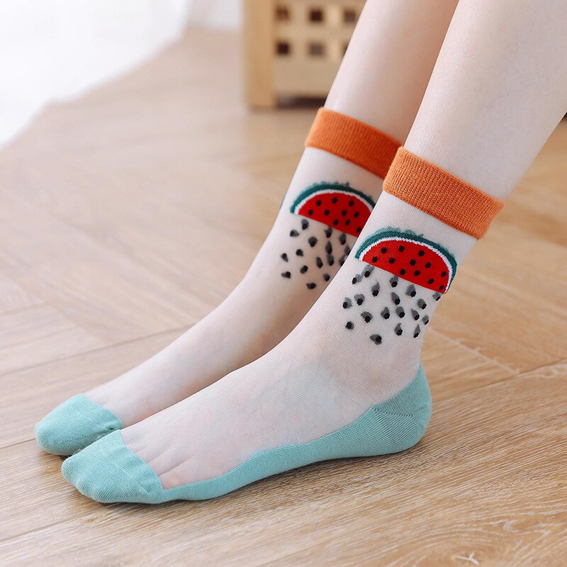 Newest Crystal Silk Tide Socks Gril Women Harajuku Funny Casual Fruit Avocado Pineapple Watermelon Happy Socks Sox